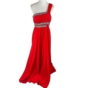 FabuLuxe Couture Red One-Shoulder Beaded Evening Gown Size Large Hand Beaded